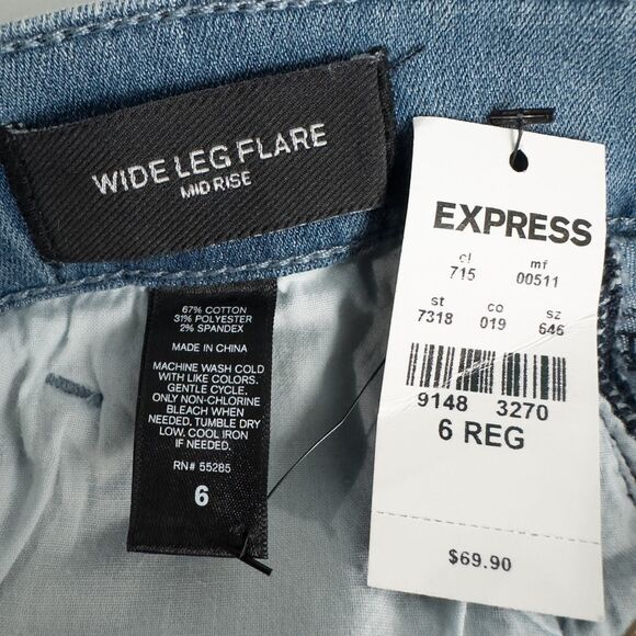Express Mid Rise Wide Leg Flare Jeans Womens 6R Blue Raw Hem Boho Retro Hippie - Picture 4 of 16